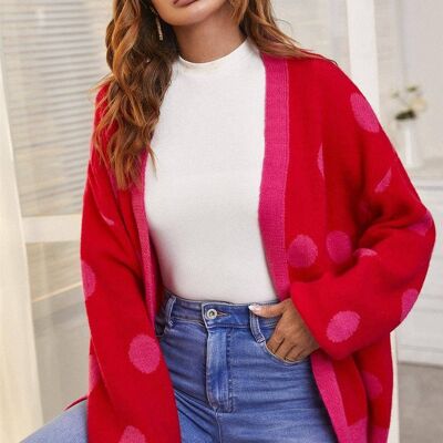 Chic Pink Polka Dot Pattern Cardigan Top In Red
