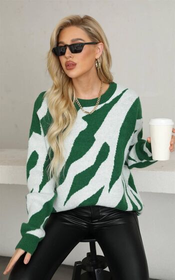 Haut de pull à motif animalier blanc de style chic en vert foncé 1