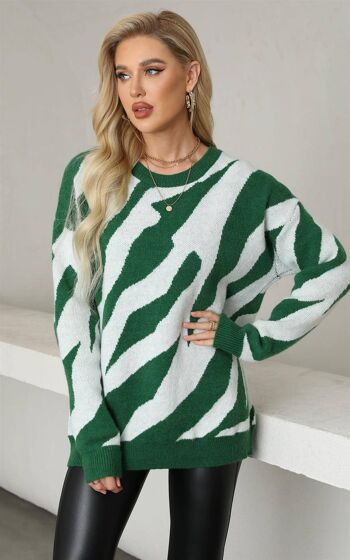 Haut de pull à motif animalier blanc de style chic en vert foncé 4