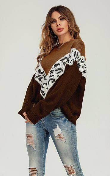 Maglia a righe leopardate color cioccolato e bianco