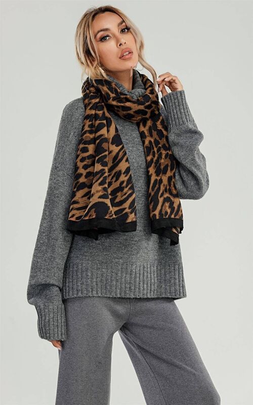 Coffee Brown & Black Leopard Print Scarf