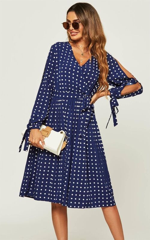 Cold Shoulder Tie Detail Long Sleeve Midi Pleated Dress In Navy Polka Dot