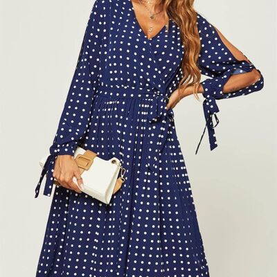 Cold Shoulder Tie Detail Long Sleeve Midi Pleated Dress In Navy Polka Dot