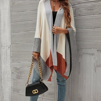 Cardigan long cape à blocs de couleurs gris, beige et camel