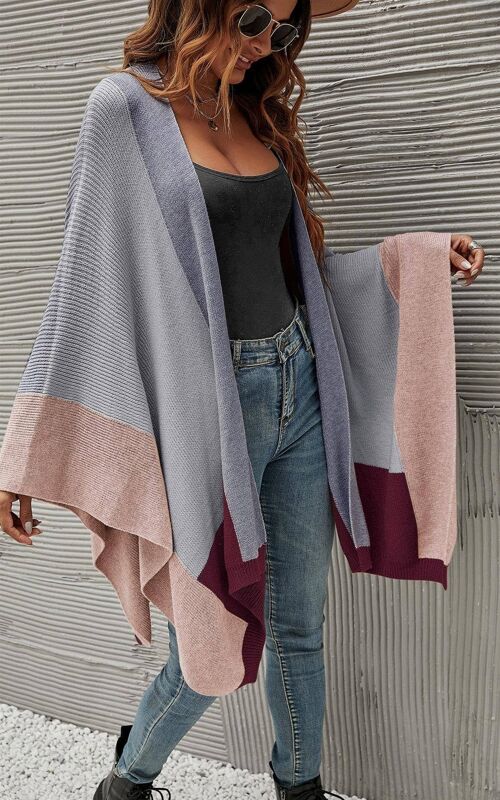 Colour Block Cape Long Cardigan In Grey & Wine & Beige