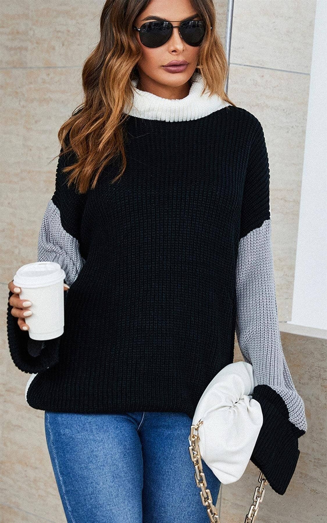 Maglione a blocchi di colore in bianco e nero e grigio