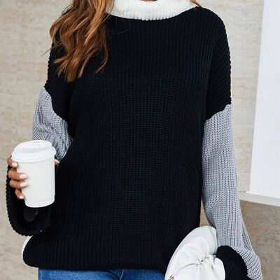 Farbblock-Pullover in Weiß, Schwarz und Grau