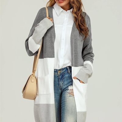 Farbblock-Midi-Strickjacke in Grau und Weiß