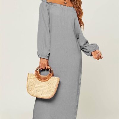 Comfy Cotton Bardot Frill Detail Maxi Dress In Grey