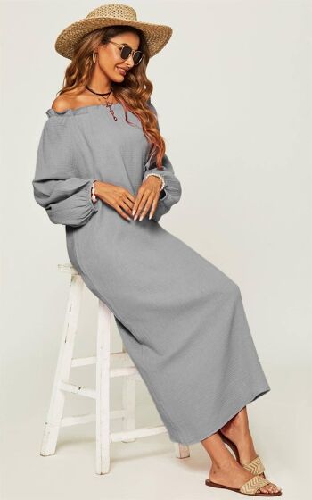 Robe longue confortable en coton à volants Bardot en gris 2