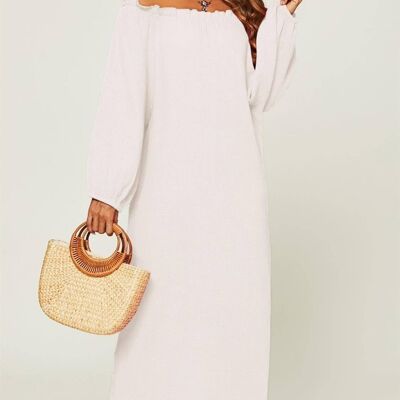 Comfy Cotton Bardot Frill Detail Maxi Dress In White