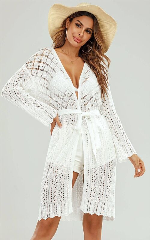 Comfy Ecru Openwork Knit Midi Cardigan With Weave Detailing White