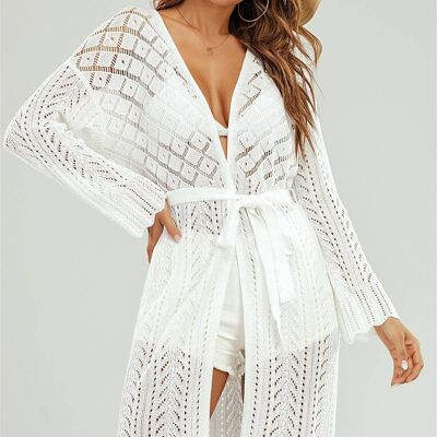 Comfy Ecru Openwork Knit Midi Cardigan With Weave Detailing White