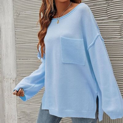 Comfy Slits Sides Pocket Detail Oversize Knitted Jumper Top In Baby Blue