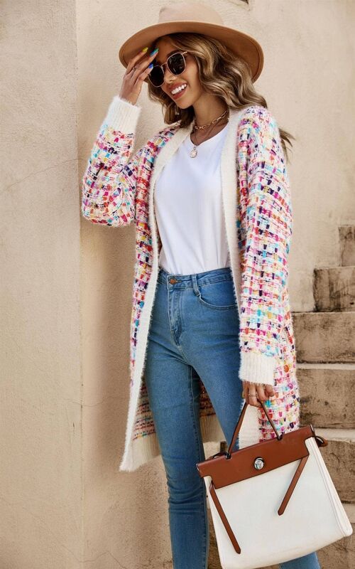 Cream Boucle Check Cardigan In Rainbow Multicolour Speckles