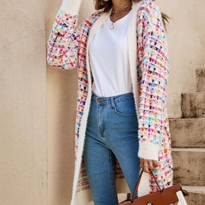 Cardigan in tessuto bouclé color crema con macchioline multicolori arcobaleno