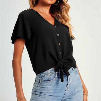 Cute Tie Knot Front Buttoned Crop T Shirt Top In Black