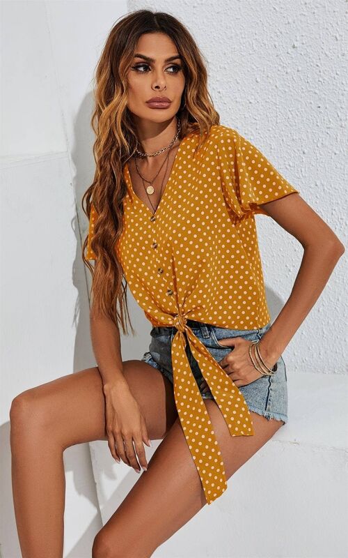 Cute Tie Knot Front Buttoned Crop T Shirt Top In Mustard Yellow & White Dot Print
