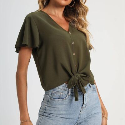 Joli t-shirt court boutonné à nouer sur le devant en vert olive