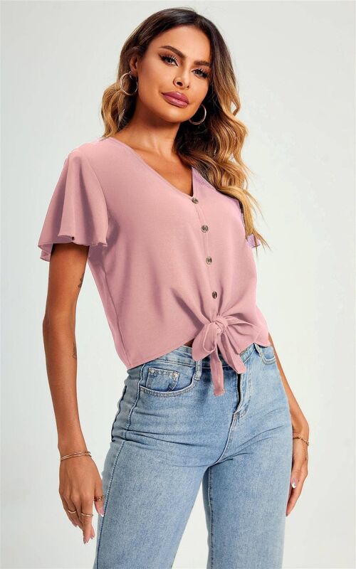Cute Tie Knot Front Buttoned Crop T Shirt Top In Pink