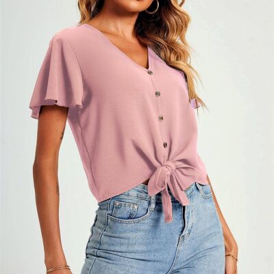 Cute Tie Knot Front Buttoned Crop T Shirt Top In Pink