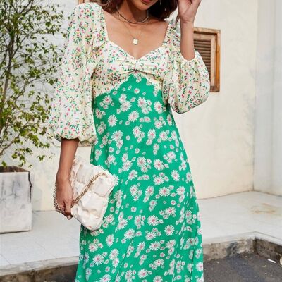 Daisy Floral Heart Neck Puff Sleeve Midi Dress In Green