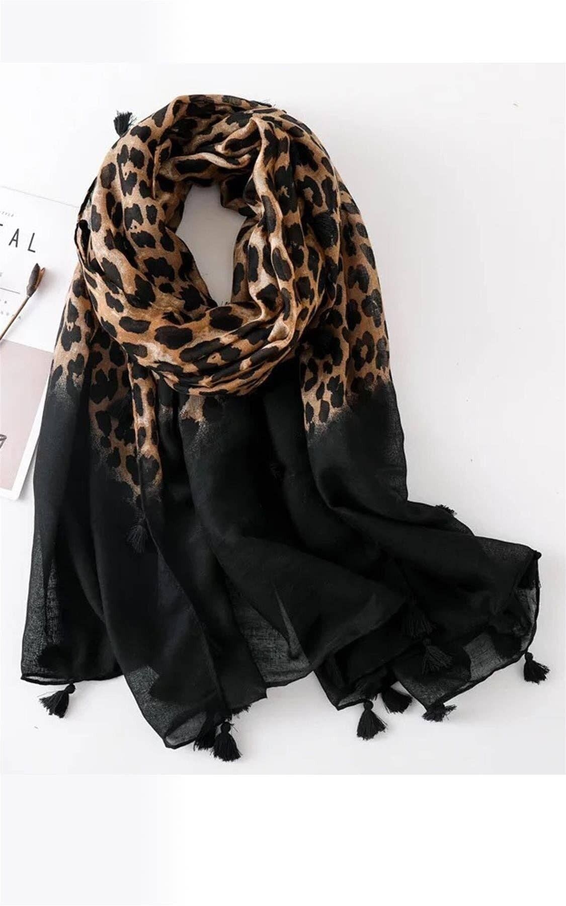 Dip-Dye Black Leopard Print Tassel Detail Scarf