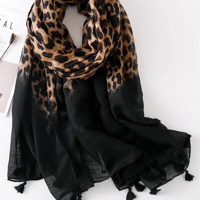 Dip-Dye Black Leopard Print Tassel Detail Scarf