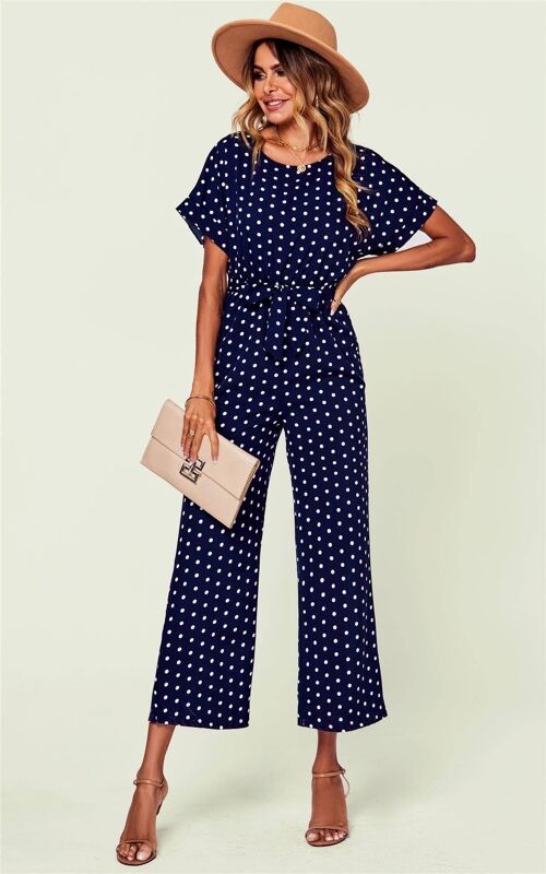 Dot Print Belted Wrap Back Detail Jumpsuit In Navy