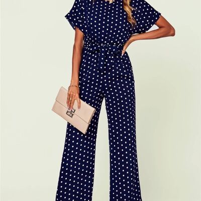 Dot Print Belted Wrap Back Detail Jumpsuit In Navy