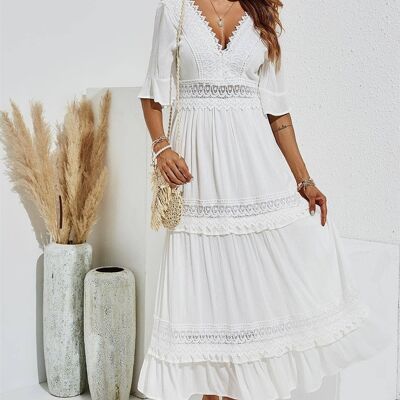 Double Sided V Neck White Lace Dress In Ivory White