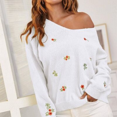 Weißer Pullover mit V-Ausschnitt und Blumenstickerei