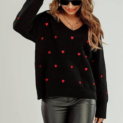 Embroidery Red Heart V Neck Jumper In Black