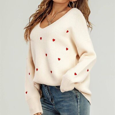 Cremefarbener Pullover mit V-Ausschnitt und Stickerei, rotes Herz