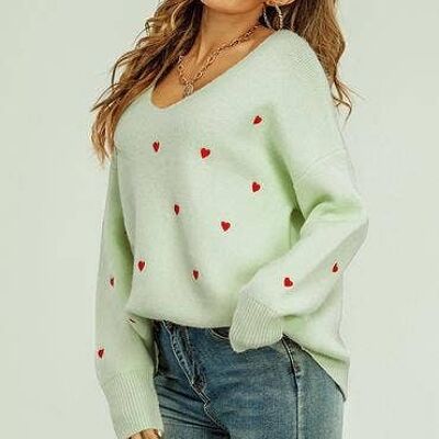 Bestickter Pullover mit rotem Herz und V-Ausschnitt in Mintgrün