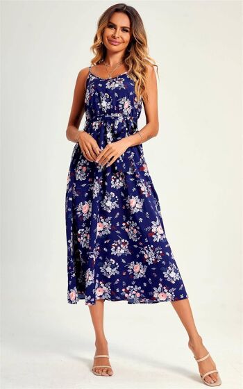 Robe mi-longue à bretelles et imprimé floral en bleu 1