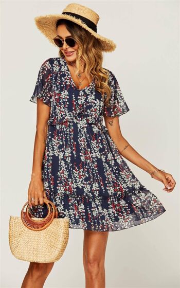 Flora Print V Neck Angel Sleeve Summer Mini Dress - Bleu marine 3