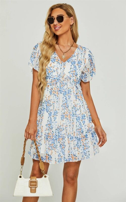 Flora Print V Neck Angel Sleeve Summer Mini Dress In White