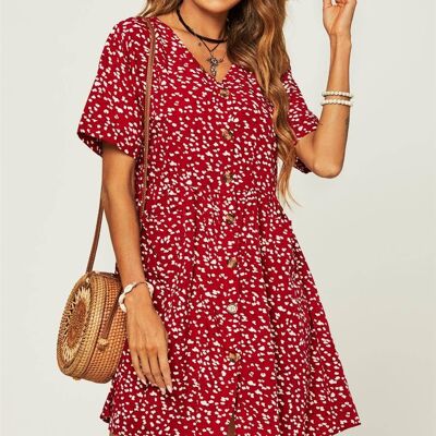 Floral Print Button Down Tiered Dress In Red