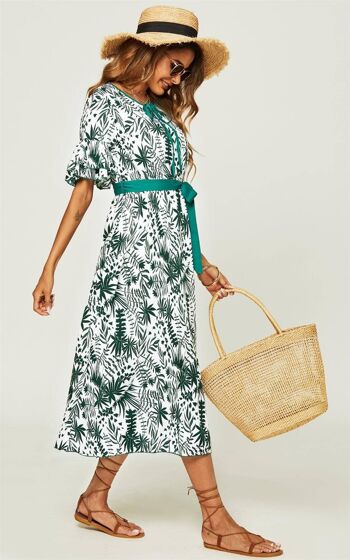 Robe mi-longue à imprimé floral et manches ourlet en vert 4