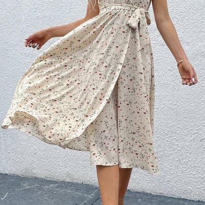 Robe mi-longue cache-cœur taille haute à imprimé floral beige