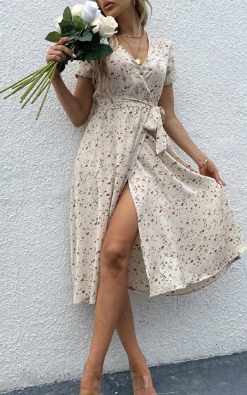 Robe mi-longue cache-cœur taille haute à imprimé floral beige 4