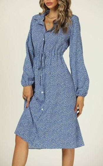 Robe mi-longue à imprimé floralPetite chemise à imprimé feuille Robe mi-longue avec ceinture nouée en bleu 2