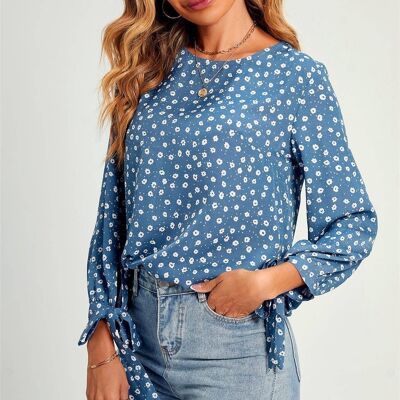 Floral Print Tie Detail Top/Blouse In Blue