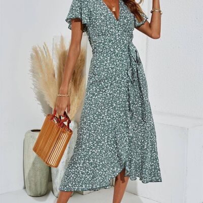 Floral Print Wrap Hem Midi Dress In Green