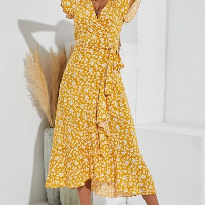Floral Print Wrap Hem Midi Dress In Yellow