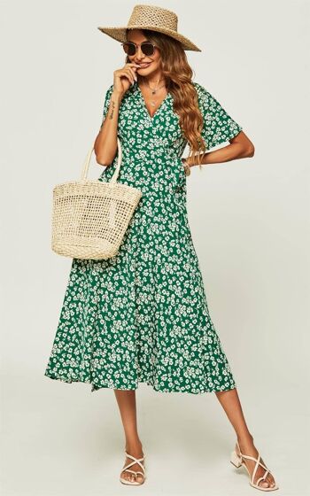 Robe mi-longue cache-cœur à imprimé floral vert 2