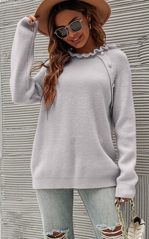 Frill Neck Button Detail Jumper Top In Silver Grey