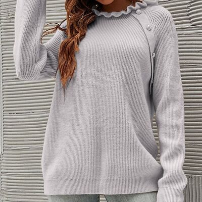 Frill Neck Button Detail Jumper Top In Silver Grey
