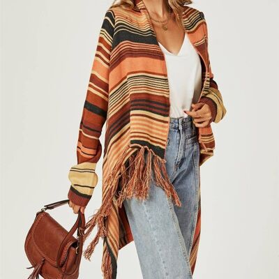 Fringes Detail Cardigan In Rusty Red & Orange & Black